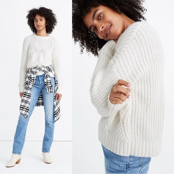 Madewell • Everett Rib-Play Pullover Sweater cream chunky cable knit alpaca - Image 2