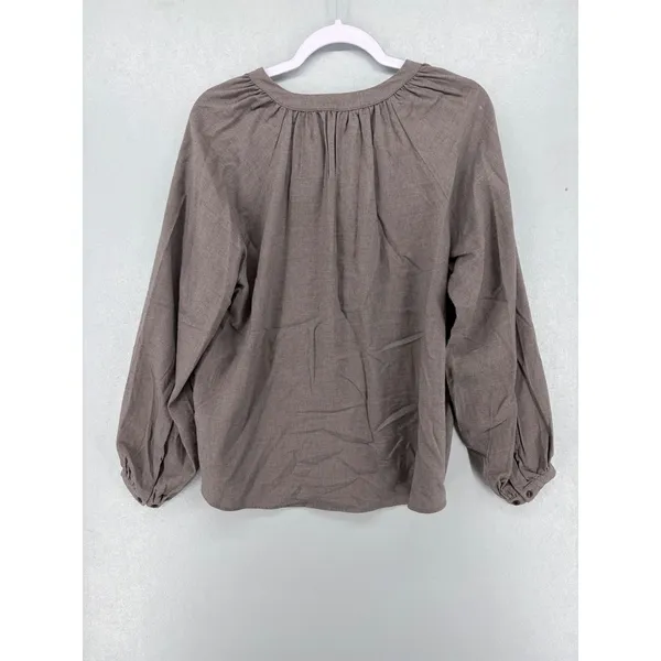 Uniqlo‎ Womens Blouse Brown Taupe Gathered V-Neck Long Sleeve Small - Image 3