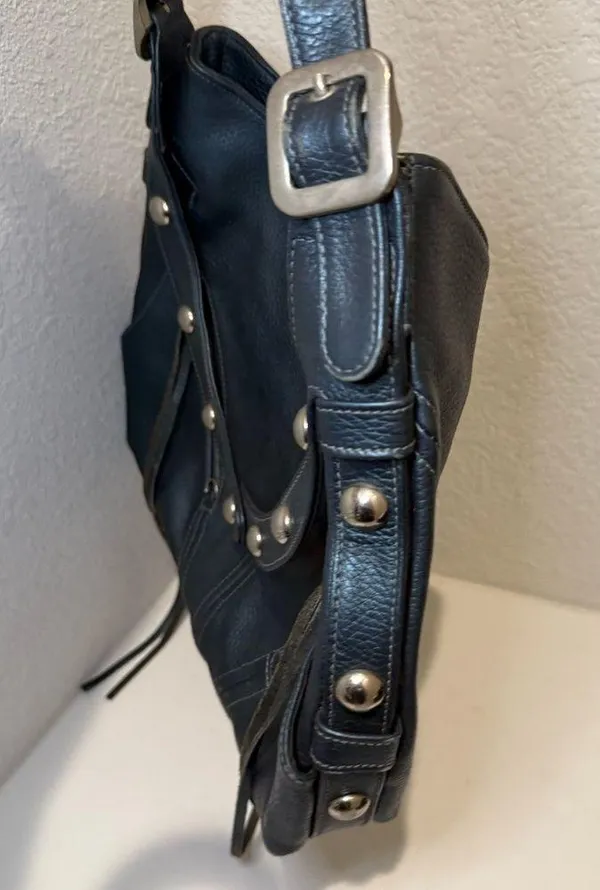 Botkier TRIGGER Mermaid Blue Moto Leather Hobo Shoulder Bag Studded Fringe - Image 11