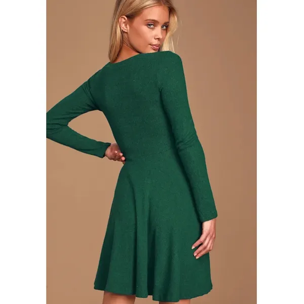 Lulus‎ Hunter Green Ribbed Knit Fit Flare Skater Dress Womens Small Long Sleeve - Image 2