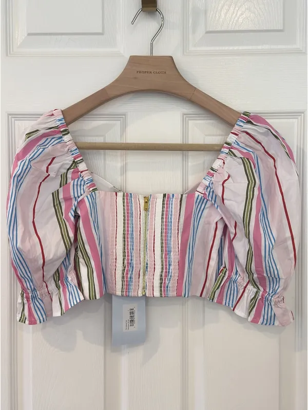 Hill House Home The Isabella Top Rainbow Stripe Puff Sleeve Bow Crop Top NWT S - Image 10