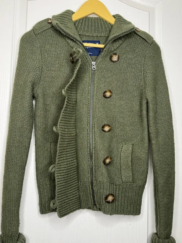 American Eagle Y2K Olive Military Wool Rabbit Hair Knit Cardigan Jacket S - Image 12