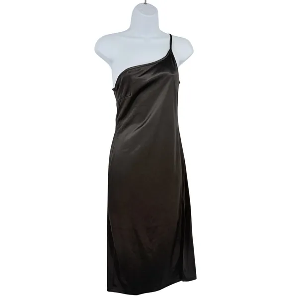 Y2K Black Satin One Shoulder Midi Dress Sz S Going Out Club 90s Sleek Wedding - Image 2