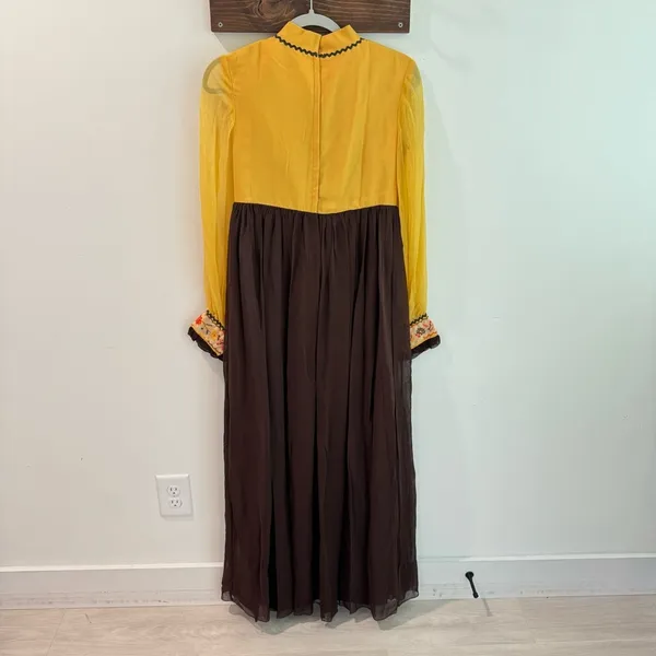 Vintage‎ Late 1960s Early 1970s Embroidered Bohemian Prairie Dress Brown Mustard - Image 6