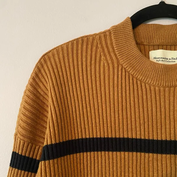 NWOT Abercrombie & Fitch Brown Blue Stripe Ribbed Crewneck Sweater Minimal XS - Image 4
