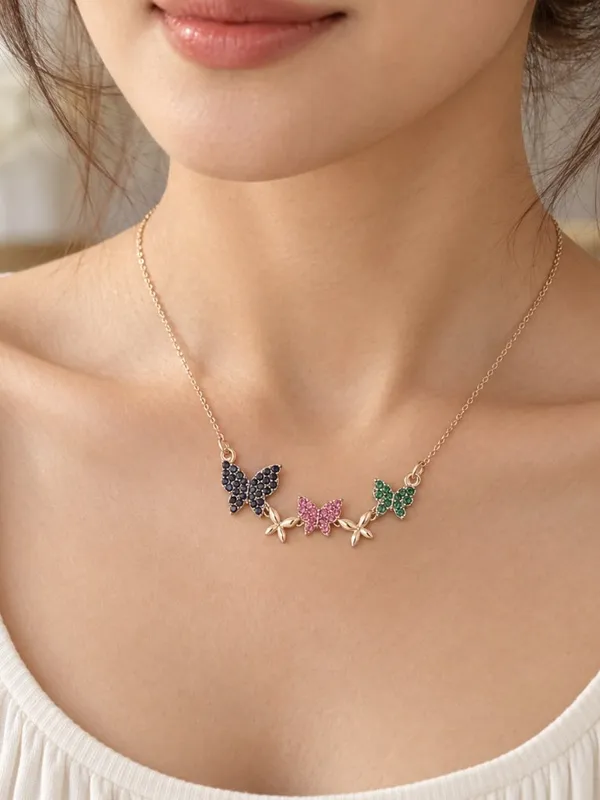 18K Gold Layered Multicolor Crystal Butterfly Pendant Necklace NWT - Image 2