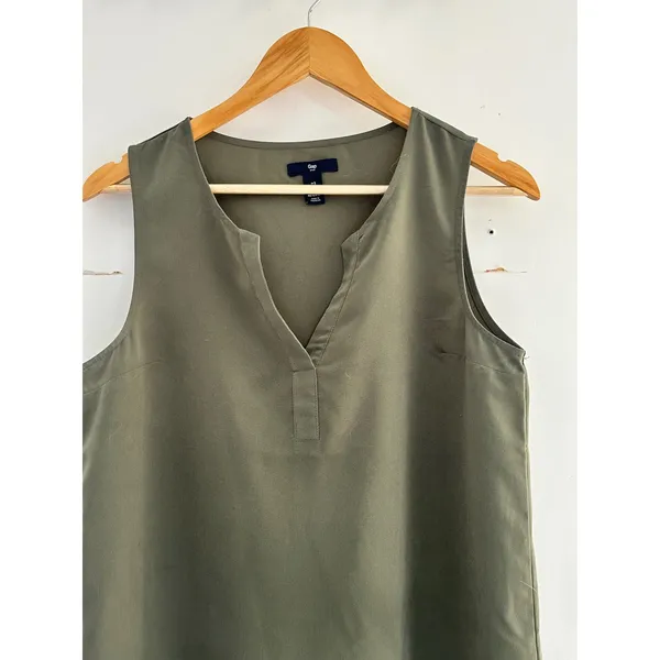Gap Olive Green Sleeveless Drop Waist V-Neck Pocket Mini Dress Small - Image 2