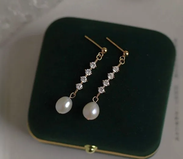 Elegant White Pear Dangle Drop Earrings for Women, CZ Pearl Earrings - Image 2