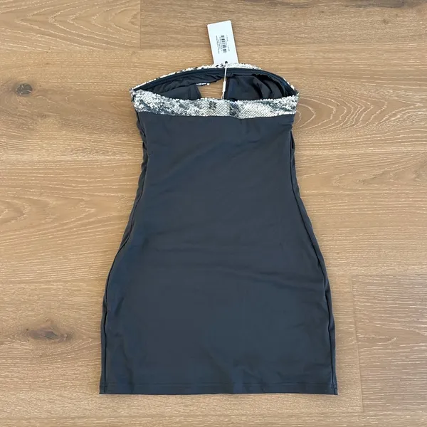 Beginning Boutique Mini Dress Theo Cowl Neck Sequin Trim Size US 2 in Gray - Image 3