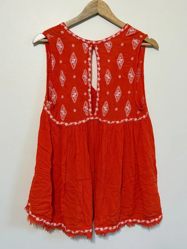 Free People Embroidered Tunic Top Size Small Diamond Orange Boho Beach - Image 6