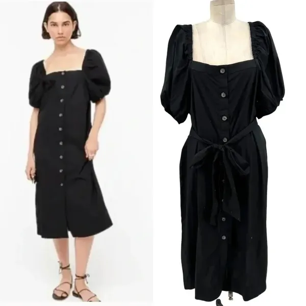 J. Crew Cottage Dress in Black‎ Square Neck Puff Sleeve Button Front Size XL - Image 2