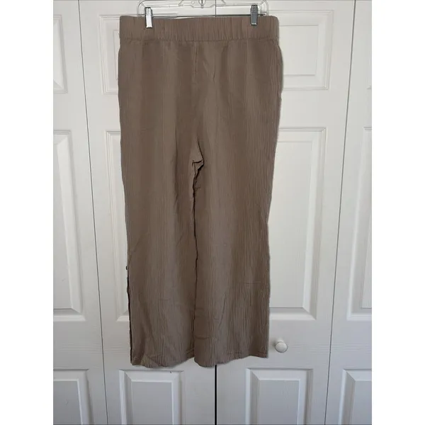 Soft Surroundings Wide Leg Pants Womens Size L Tan Gauze Button Hem Coastal - Image 6