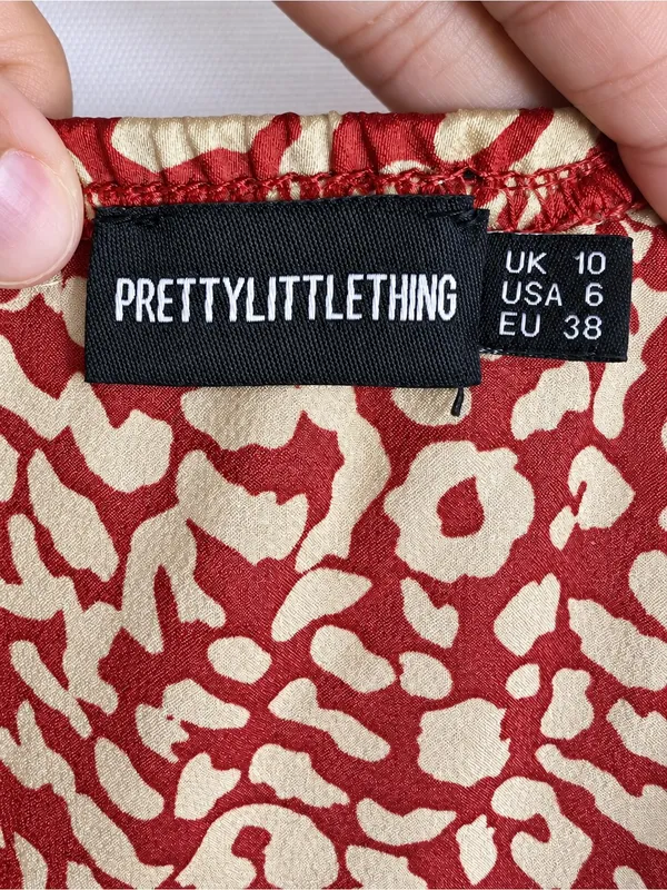 NWOT PrettyLittleThing Red Gold Leopard Satin High-Low Mermaid Maxi Dress US 6 - Image 8