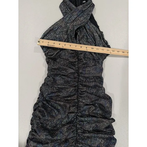 Zara Mini Dress Small Criss Cross Halter Sparkly Ruched Bodycon Party Cocktail - Image 4