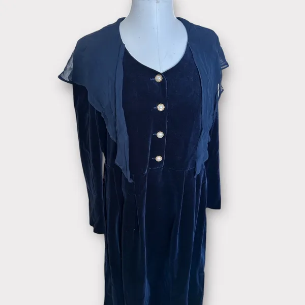 Vintage 80s Laura Ashley Blue Velour Maxi Dress Womens 12 Romantic Cottagecore - Image 5