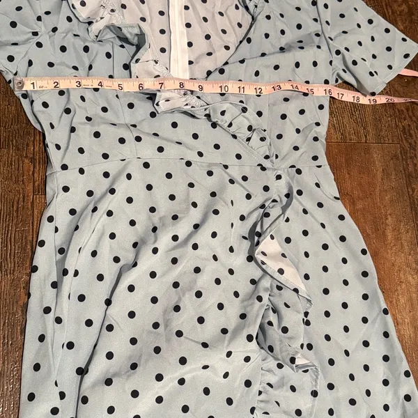 Blue and Black Ruffle Trim Wrap Detail Polka Dot Dress Medium - Image 6
