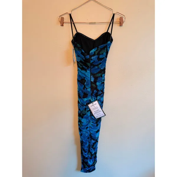 BCX Macys Dress Womens XS Blue Abstract Floral Ruched Mesh Midi Bodycon Slit - Image 9