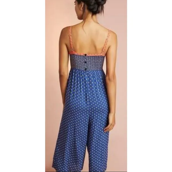 Anthropologie XL Blue Floral Wide Leg Cropped Jumpsuit Boho Adjustable Strap - Image 2