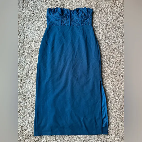Lulus Passionate Aura Teal Blue Textured Strapless Bustier Midi Dress - Image 5