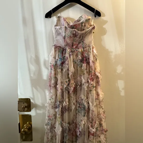 Faeriesty Ruched Bustier Ruffle Trim Hem Floral Print Tube Dress - Image 11