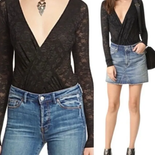 INTIMATELY FREE PEOPLE Women's Size XS Black V Neck Lace Bodysuit Top Vampy Goth - Image 2