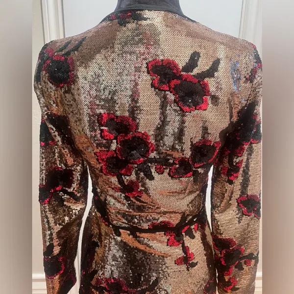 ZARA Gold with Red & Black Floral‎ Sequins Crossover Wrap Mini Dress Size XS - Image 13