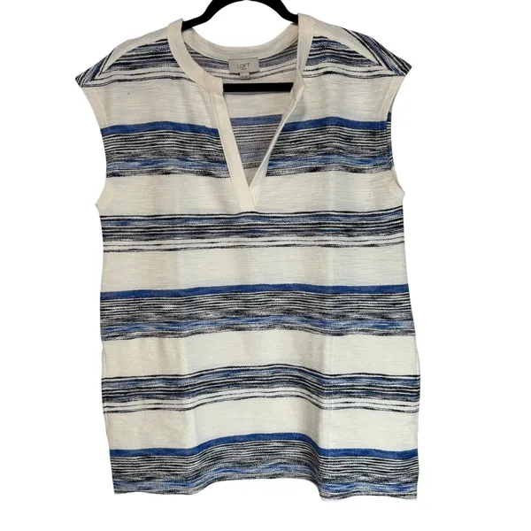 Loft Outlet Womens Blue White Striped Split V-Neck Sleeveless Sweater Top Size M - Image 6