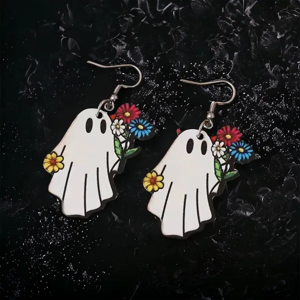White Ghost Colorful Flower Design‎ Dangle Halloween Earrings Wooden Jewelry - Image 2