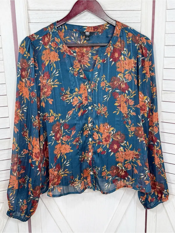 Frye Floral Metallic Jacquard Sheer Blouse Teal Blue Burnt Orange Large Boho - Image 7