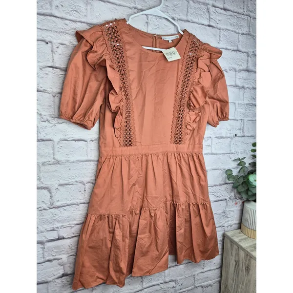 ​NWT English Factory Terracotta Lace Inset Puff Sleeve Tiered Boho Mini Dress L - Image 9