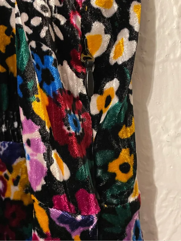 Anthropologie Multicolor Floral V-Neck Puff Sleeve Velvet Francie Mini Dress - Image 7