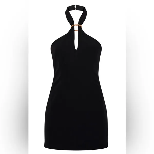 NWT PrettyLittleThing Black Halter Low Back Woven Trim Detail Mini Dress Size 8 - Image 4