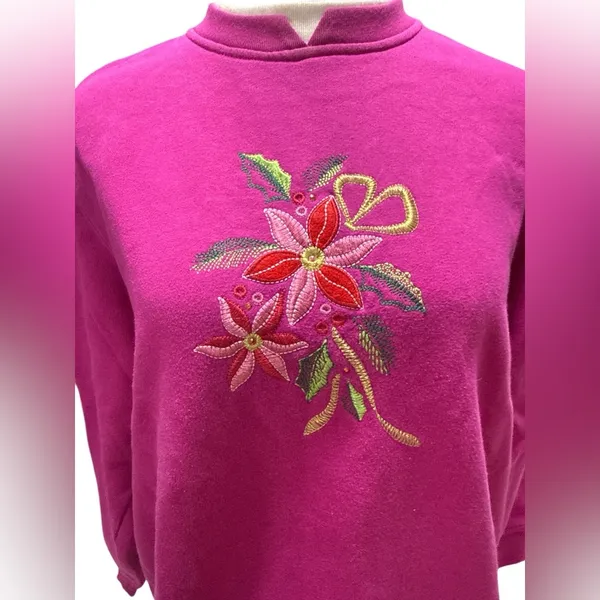 Kim Rogers Magenta‎ Floral Embroidered Sweatshirt L - Image 3