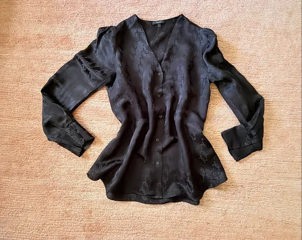 Massimo Dutti Black Monogram Silk Viscose Sheer Button Front Blouse Size XS - Image 3