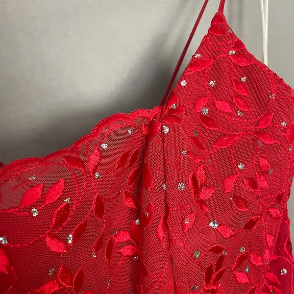 Vintage Y2K Prom Dress Corset Back Glitter Red Lace Attached Top Skirt Lace-Up - Image 9