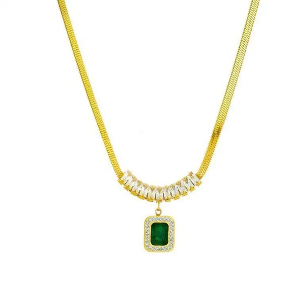 Green Stone Square Pendant Gold Necklace - Image 2