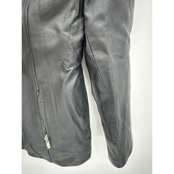 Black Leather Biker Jacket Womens Large Full Zip Quilted Lining Edgy Moto Grunge - Image 5