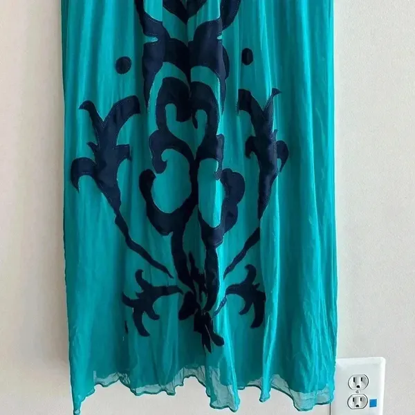 Miss Sixty Teal and Navy Blue Silk Gown Maxi Floral Dress, Size 4 - Image 4