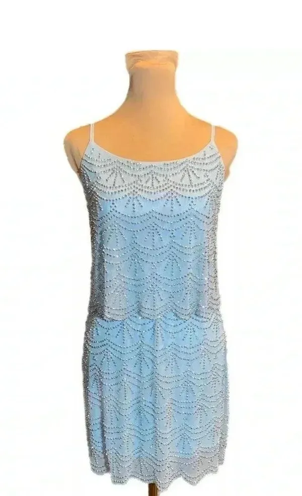 Xscape Rhinestone Beaded Tiered Formal Mini Dress Light Aqua Prom Homecoming 2 - Image 4