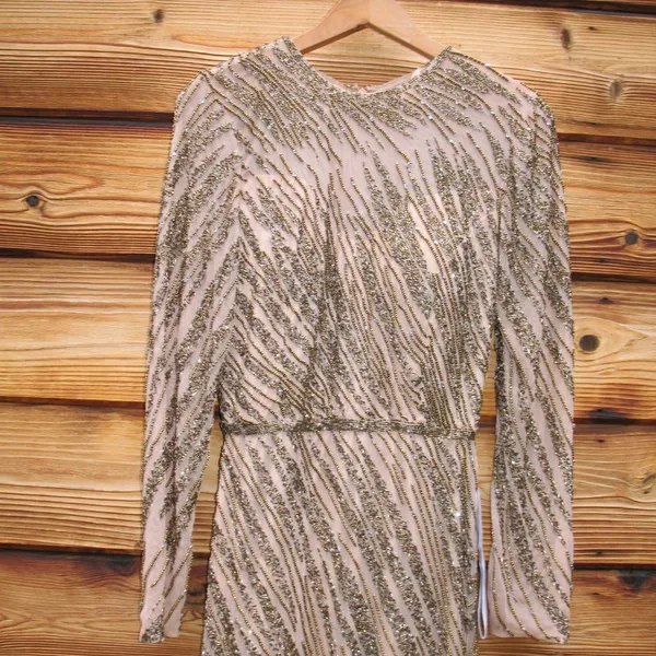 Mac Duggal Long Sleeve Beaded Column Gown Dress Mocha Size 4 - Image 9