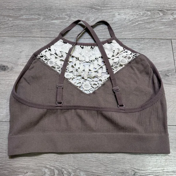 Womens Ribbed Lace Trim Bralette Brown High Neck Seamless Cami Top‎ XL XLarge - Image 2