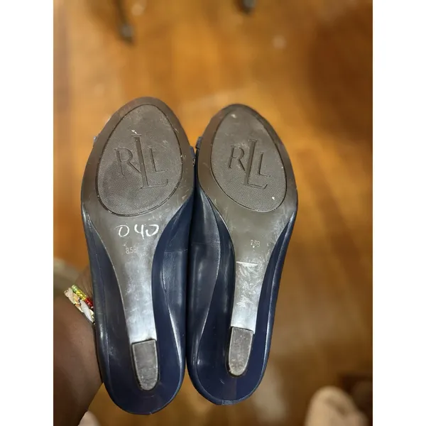 Ralph Lauren Madison Wedge Buckle Slip On Blue Peep Toe Shoes Women's Sz 8.5B‎ - Image 8