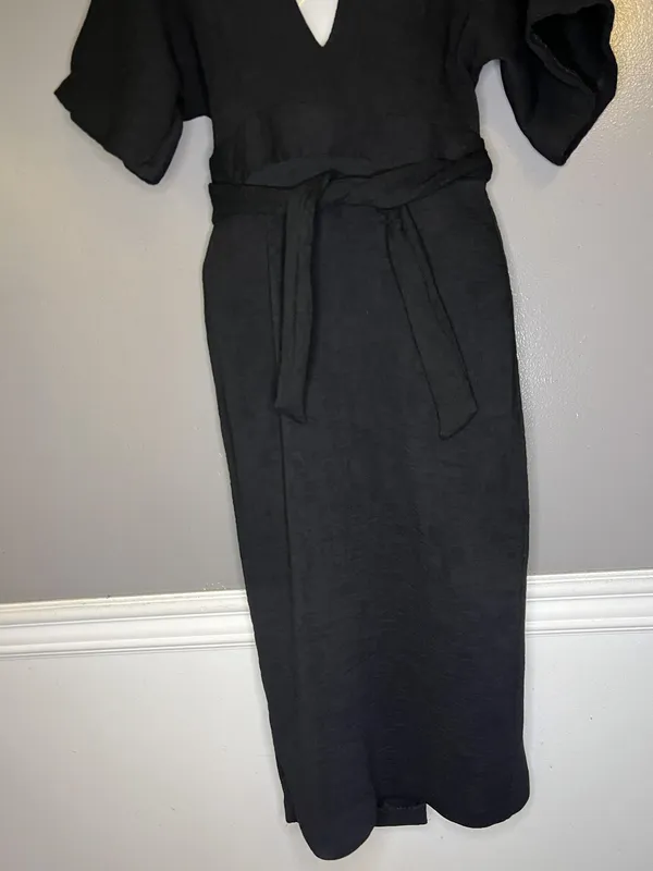 Topshop Dress Womens 6 Black V Neck Kimono Sleeve Cutout Back Tie Waist Midi - Image 3