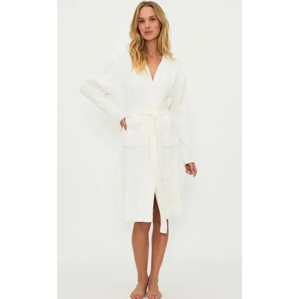BEACH RIOT Rinna Chenille Robe Cream Cable Knit Belted Pockets X-Small Small - Image 4