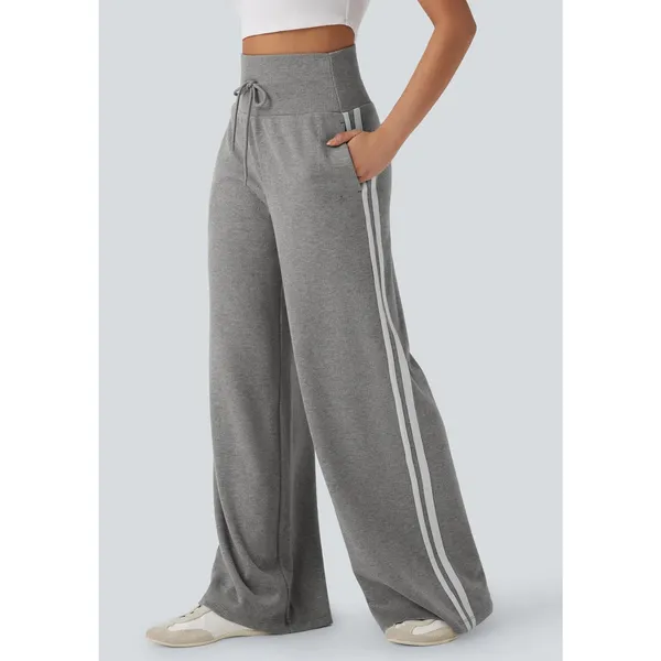 Halara Ribbed High Waisted Drawstring Wide Leg Fleece Trousers Gray S - Image 2