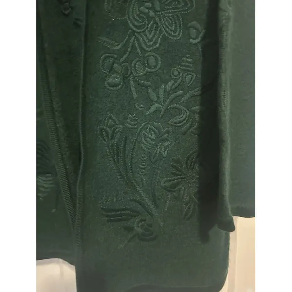 Women's Open Knit Long Cardigan Sweater Embroidered Size Medium Dark Green Wool - Image 2