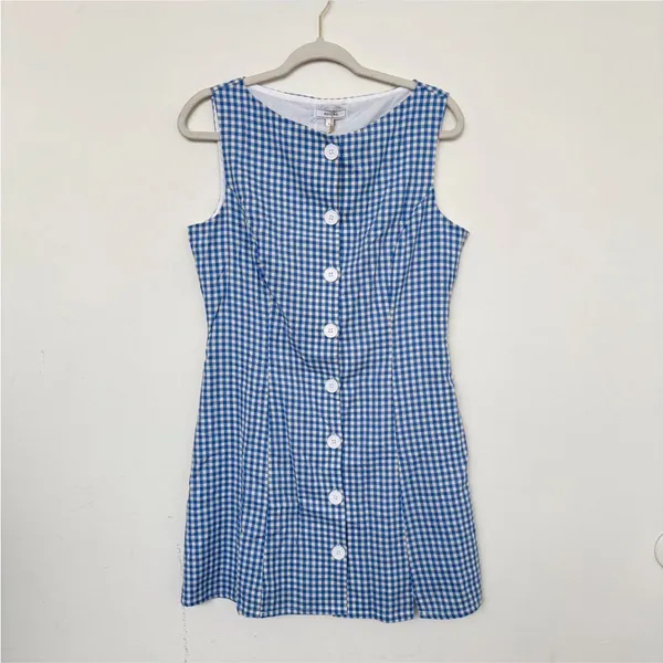 Rihoas Blue Boat Neck Cotton Plaid Mini Dress - Image 6
