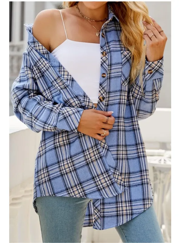 CHYRII Amazon Brand Women’s Oversized Blue Plaid Flannel Button Down Shirt - Image 5