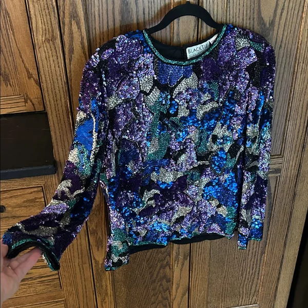 Black Tie Oleg Cassini sequin beaded blouse top VTG‎ teal sparkle cocktail Large - Image 6