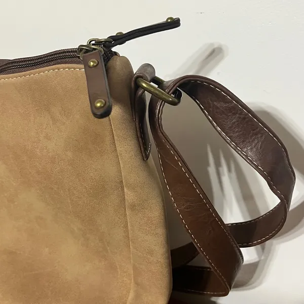 BOC Born Concept Crossbody Bag Tan Faux Suede Brown Trim Stitched‎ Messenger Bag - Image 9